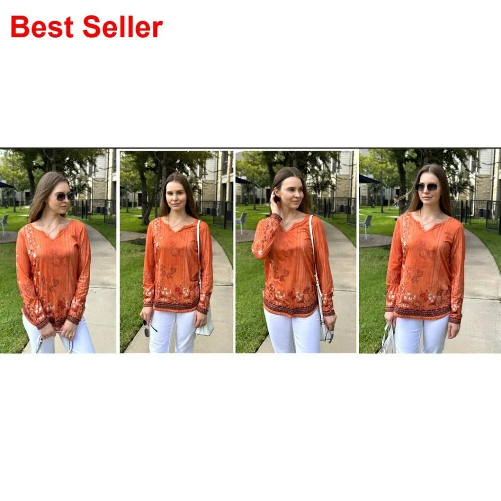 Long Sleeve V Neck Tunic Blouse, Polyester Spandex, Loose Fit for Work Casual